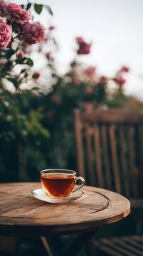 Tea cup on a rustic table with blooming pink roses behind