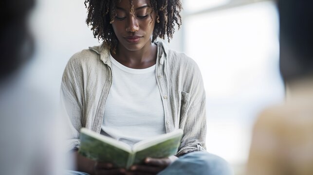 Young woman with curly hair reads book in soft light