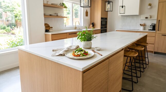 Modern kitchen island with food plate.