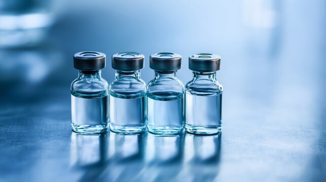 Medicine vials in row on cool blue surface under studio lighting