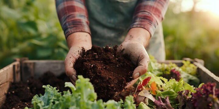 Hands scoop dark, fertile soil over colorful garden vegetables