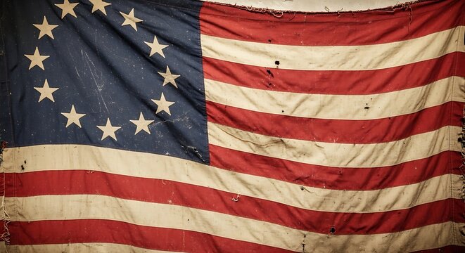 Vintage American flag waving with historical texture and distressed fabric. 13 colonies flag