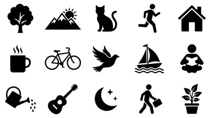 Obraz premium Set of black vector graphic icons illustrating various daily life activities and natural symbols for modern web design and digital user interface projects