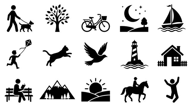 Simple black silhouette icon set featuring various daily activities objects and nature elements designed as a clean vector graphic for modern interface design