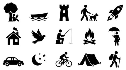 Obraz premium Set of black vector icons showing diverse lifestyle activities including outdoor travel camping sports and home life symbols for modern creative graphic design projects