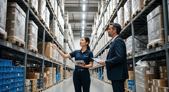 Business Professionals Inspect Inventory in Warehouse