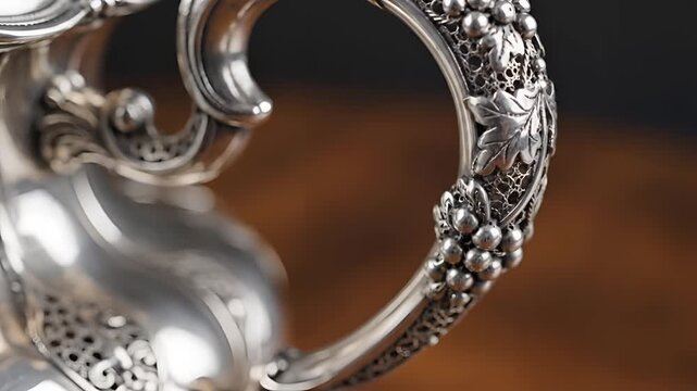 Ornate Silver Teapot Handle with Grapevine Motif Closeup.