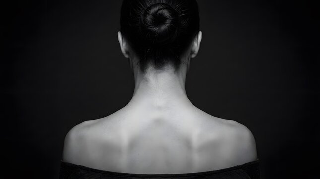 Artistic Black And White Rear View Portrait Of Woman With Bare Shoulders And Hair In Bun On Dark Background