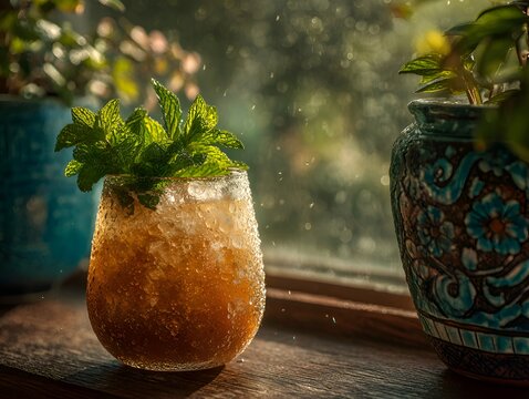 Refreshing iced cocktail with fresh mint garnish sits on a wooden ill with dd sunlight and blurred plants outside the window.