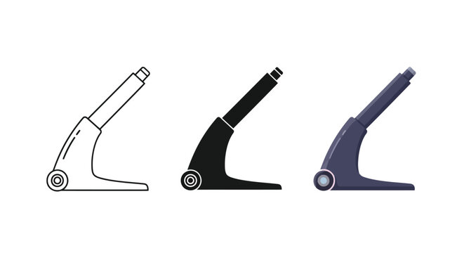 Set of automotive handbrake vector graphic designs illustrating the parking brake handle mechanism in three distinct styles including outline silhouette and flat color rendered icon versions