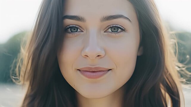 Portrait of a young woman with brown hair and bright eyes staring directly ahead