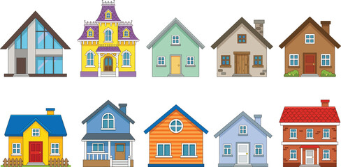 Naklejka premium Colorful House Vector Set with Modern and Classic Residential Buildings, Real Estate Homes and Architecture Icons in Flat Design Style