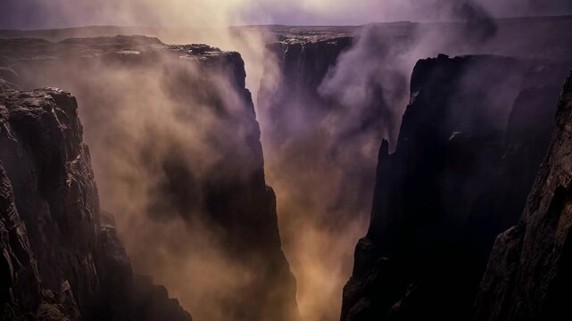 Deep dark imposing chasm in the earth with thick mist and shadows