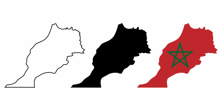 Minimalist Morocco map vector set with outline, black silhouette and national flag design. Perfect for geography, travel, infographic, icon and branding projects.
