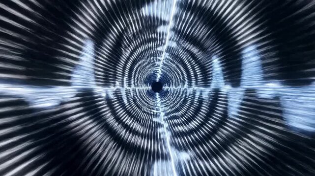 A futuristic illustration of concentric circles and waveform patterns radiating from a central point, set against a dark background