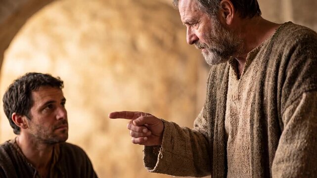 Prophet Nathan pointing a finger in revelation toward David