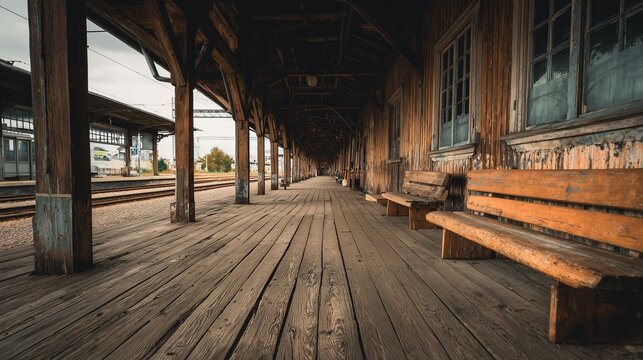 Old wooden railway platform with empty benches and tracks