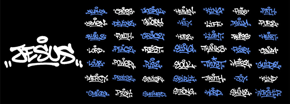 Mega pack of 50 urban graffiti tags with spiritual faith words on black background. Street art hand style collection featuring religious messages in a bold edgy aesthetic.