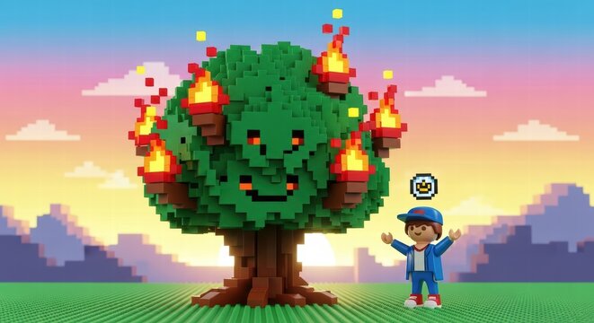 Pixelated tree with torches and a happy boy in a voxel world