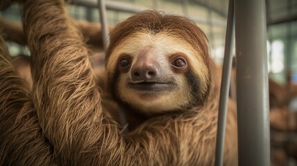 Fototapeta premium Curious, Wide-Eyed Sloth Peering Through Metal Bars in a Zoo Exhibit