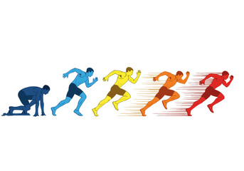 Obraz premium Captivating illustration of a runner's journey from a powerful start to an accelerating sprint, symbolizing continuous progress, speed, and peak performance evolution