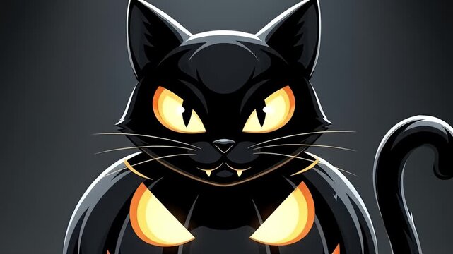 Stylized, glossy black cat with glowing yellow eyes & a pumpkin-shaped body on dark background