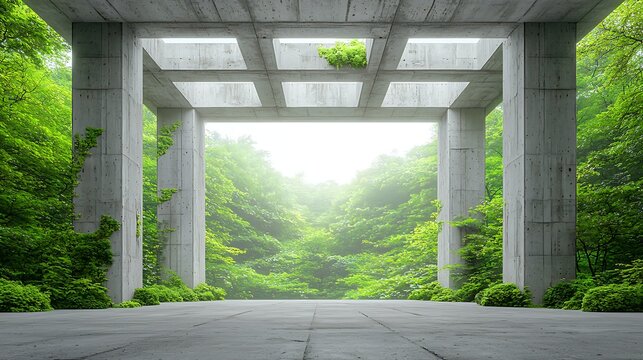 Modern concrete structure surrounded by lush greenery in a serene forest environment