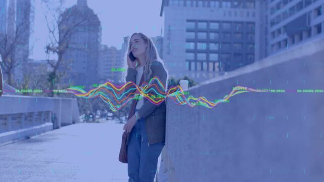 Diverse pedestrians walking city bridge while woman leaning on concrete wall talking on phone