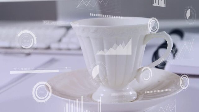 Teacup centered on desk during launch, HUD graphics animating around cup, showing tech dashboard