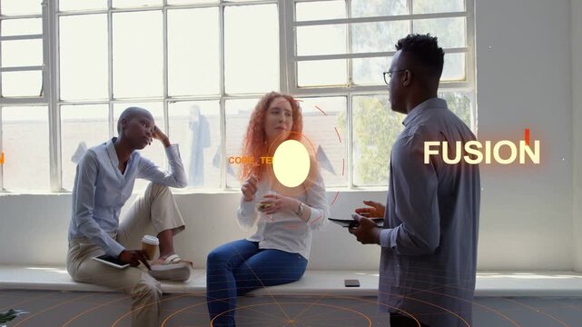 Team of three on ledge leader tapping tablet casting FUSION glow over center during business brief