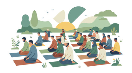 Fototapeta premium Diverse group of people from various backgrounds gathering outdoors on prayer mats for a peaceful and unified spiritual practice, Eid Al-Adha