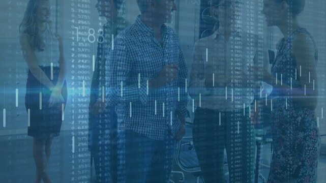 Central man stepping forward and leading business talk in office, overlay bars matching gestures