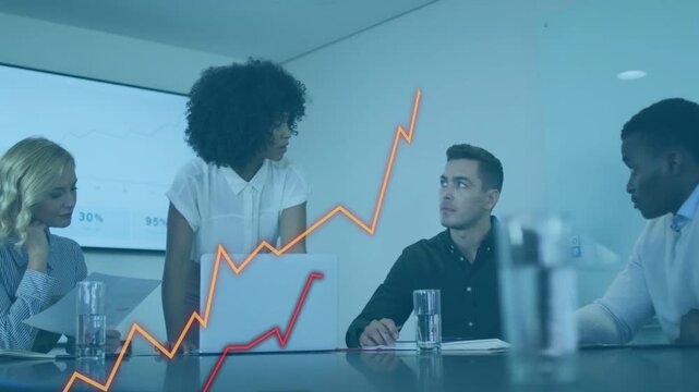 Lead leaning over laptop and speaking in business meeting, animating trend graphs on glass table