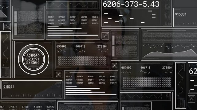 Office worker monitoring HUD with updating tiles revealing face, speaking into mic and taking call