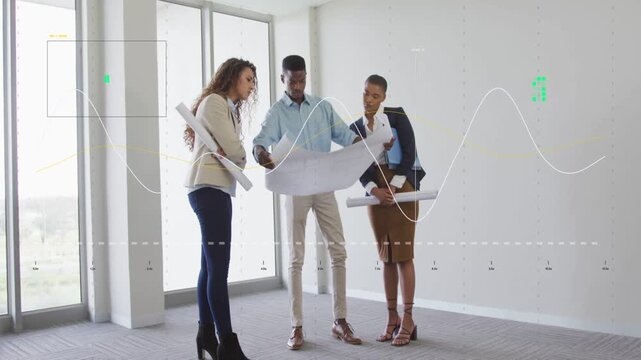 Architect unfolding plan and pointing, team leaning in as wavy lines, dotted axes appear for review