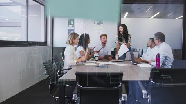 Standing woman holding doc urging team reviewing plan at business table, teal bar overlaying screen