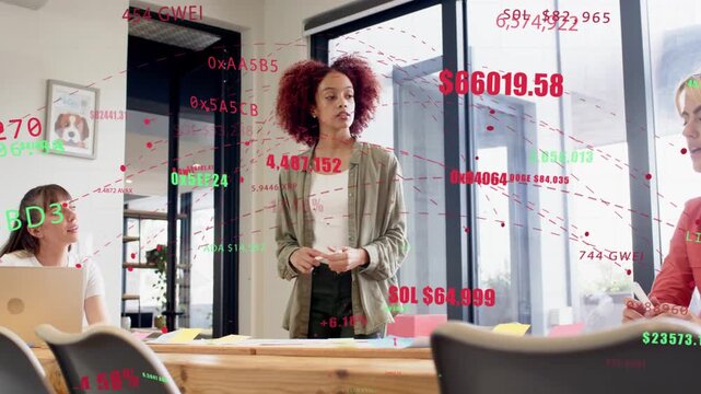 Woman presenting starting talk speaking and pointing to table, crypto tickers showing market data