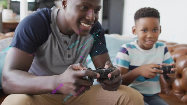 Man and boy holding controllers pressing buttons activating gaming HUD celebrating win sharing look