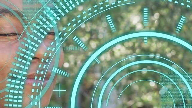 Adult woman watching HUD animating from right and aligning over face, showcasing AR technology