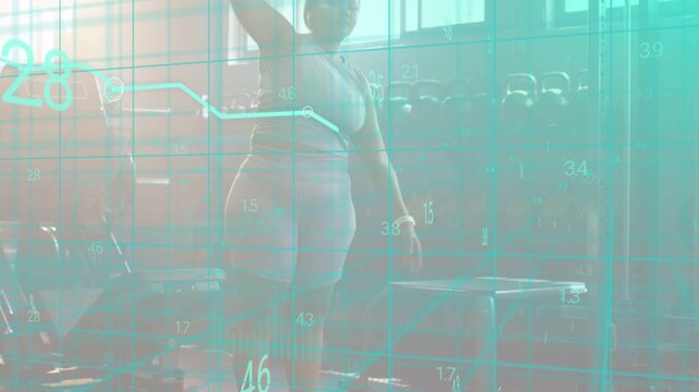 Gym-goer shifting pose by weights raising arm into side stretch warmup teal overlay mapping metrics