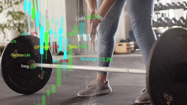 Woman lifter rubbing chalk, adjusting feet, gripping barbell, preparing lift while charts scrolling