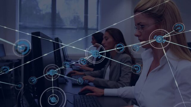 Front woman, team typing for training, ring appearing causing network nodes linking across monitors