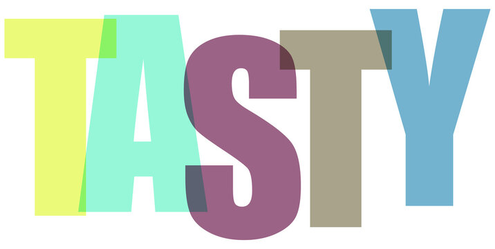 Stylized word tasty formed with colorful overlapping letters isolated on transparent background