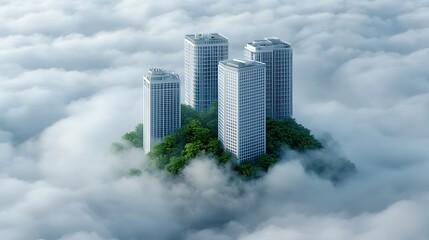 Fototapeta premium Urban architecture above the clouds with green trees and modern buildings in a mystical landscape