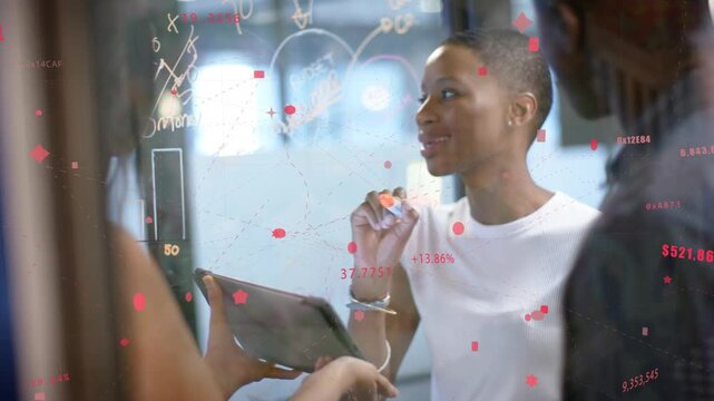 Woman in white picking orange marker, drawing on glass using tablet, red overlay guiding business