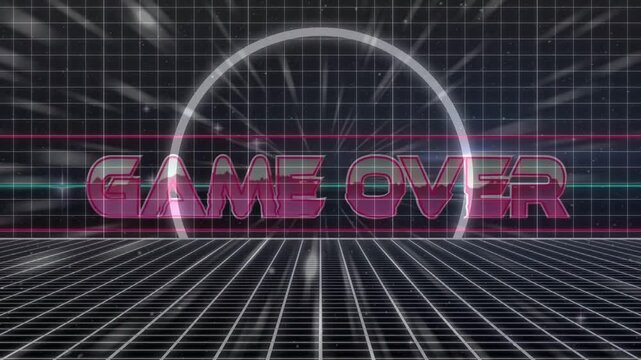 Neon ring pulsing, causing magenta GAME OVER text emerging, scanlines sliding, showing final screen