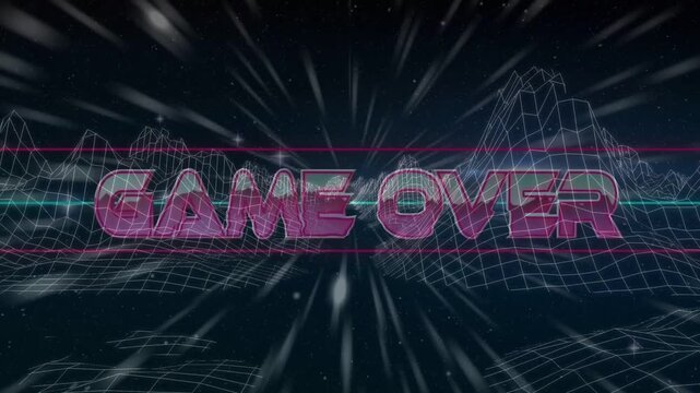 GAME OVER text entering top-left, rotating to center while neon rails sweeping, signaling game end