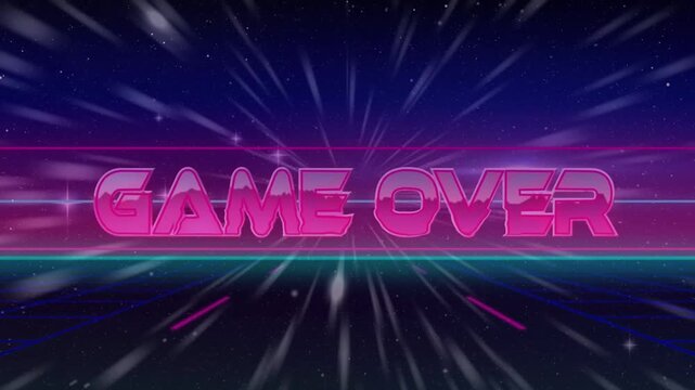 Motion streaks starting neon GAME OVER forming center, teal line pulsing, creating retro endcard