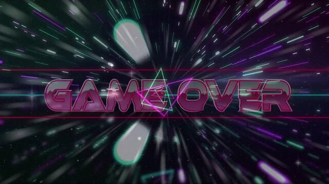 GAME OVER text appearing as play glyph flashing neon triangles rotating over text marking game end