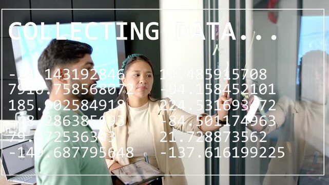 Vertical video: Man starting writing on glass woman using tablet, tech overlay guiding next steps